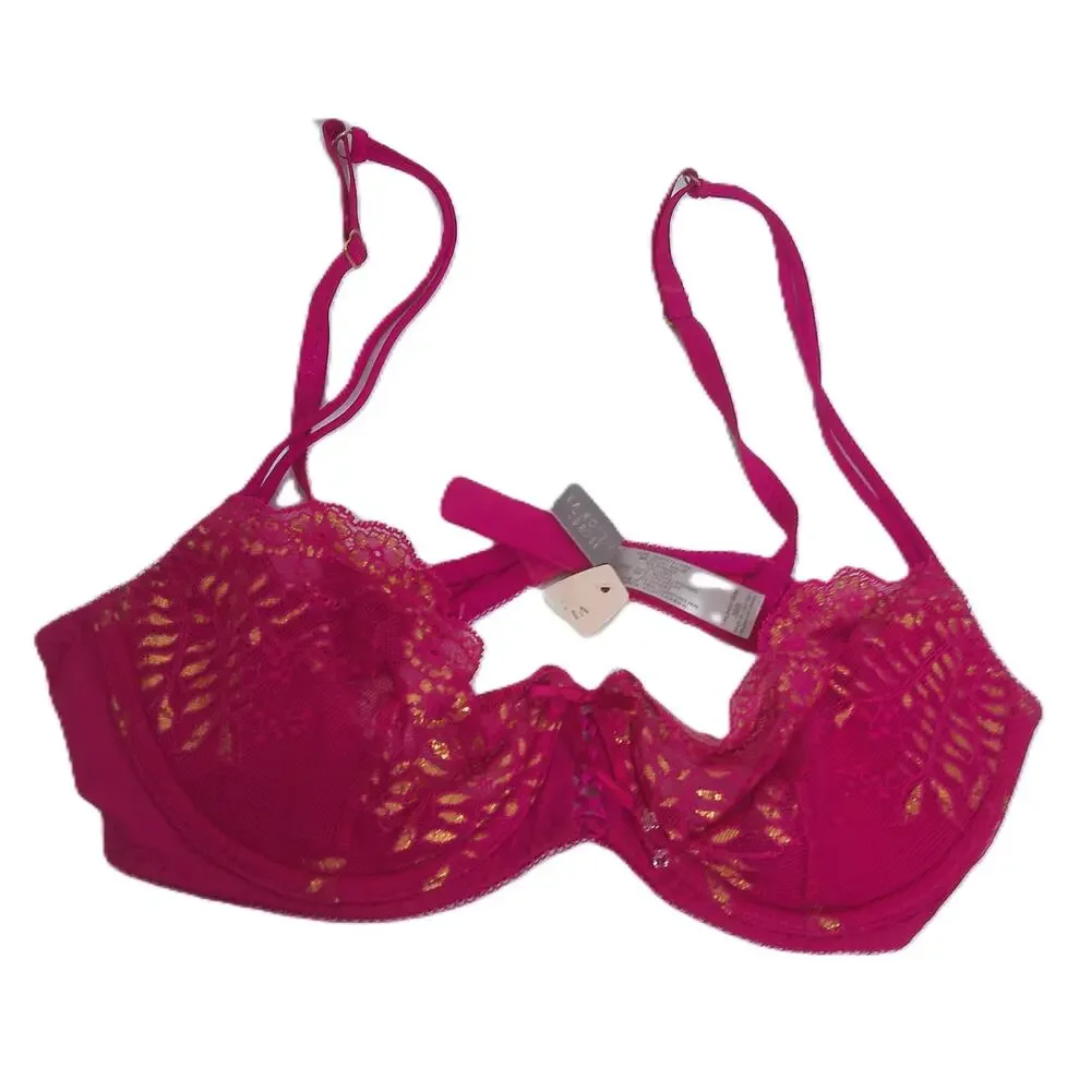 Victoria's Secret Y2K Coquette Pink Gold Crystal Lace Bra Set 36B Thong Large
